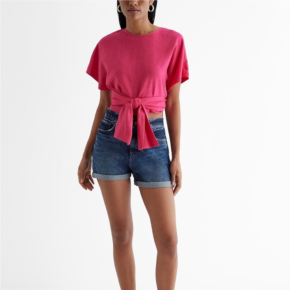 Express linen-blend crew neck convertible tie top